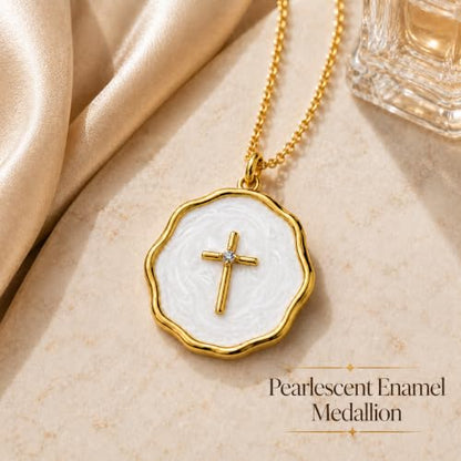 Enamel Cross Necklace for Women 18K Gold Plated Christian Pendant - color: White-Gold