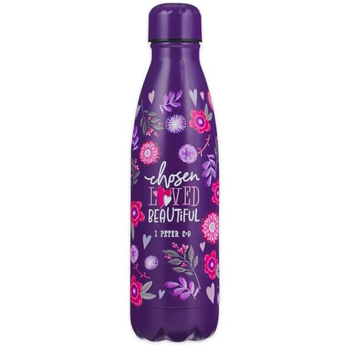 Christian Art Gifts Stainless Steel Double Wall Vacuum Sealed Insulated Water Bottle for Girls & Women: Chosen, Loved, Beautiful Inspirational Scripture, Leak/Spill-proof Thermos, Purple Floral, 17 oz - color: Chosen/Purple