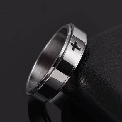 Fuqimanman2020 6mm Stainless Steel Cross Spinner Band Ring Stress Relief Christian Jesus Christ Lord Prayer Rotating Fidget for Men Women Anxiety Religious Engagement Wedding Jewelry - color: Black