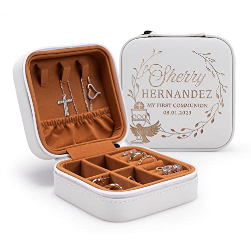 First Communion Gifts for Girls - Custom Jewelry Box for 1st Holy Communion, Personalized with Name and Date I 6 Designs & 5 Colors I First Communion Keepsake - D1 - style: Design 1