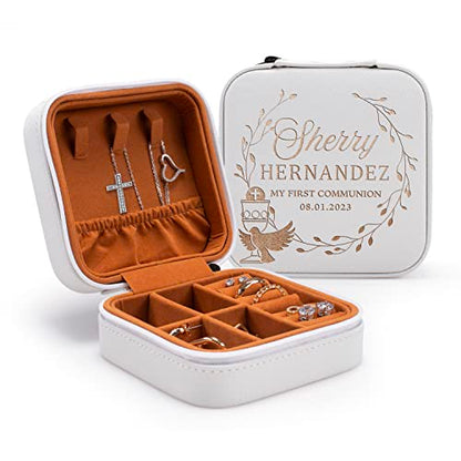 First Communion Gifts for Girls - Custom Jewelry Box for 1st Holy Communion, Personalized with Name and Date I 6 Designs & 5 Colors I First Communion Keepsake - D1 - style: Design 1