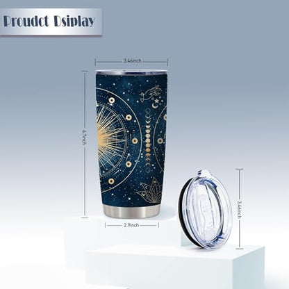 20oz Celestial Astrology Moon Phase Witchy Stainless Steel Tumbler with Lid - color: Astrology Tarot Cards Blue-white