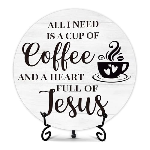 Coffee Bar Sign, Round Wood Plaque, 6 Inches, Black, Rustic, Religious, Tabletop, Wood - color: White