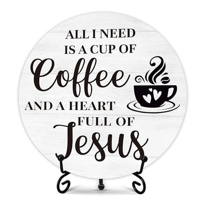 Coffee Bar Sign, Round Wood Plaque, 6 Inches, Black, Rustic, Religious, Tabletop, Wood - color: White