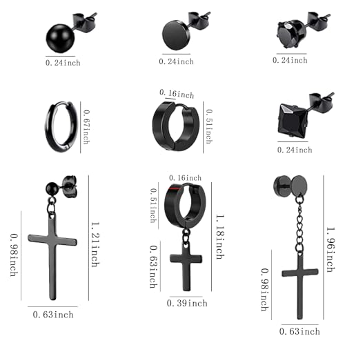 NEWITIN 9 Pairs Cross Earrings for Men Women Stainless Steel Earrings Set - color: Different Black