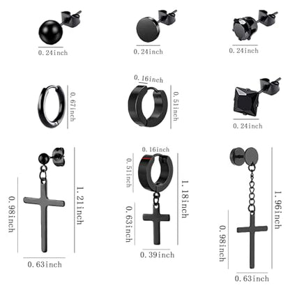 NEWITIN 9 Pairs Cross Earrings for Men Women Stainless Steel Earrings Set - color: Different Black