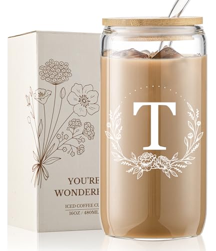 Personalized Gifts for Women, Monogrammed 16oz Glass Cups with Bamboo Lids and Straws, Customized Glass Tumbler, Cute Custom Mug, Customizable Initial Iced Coffee Glasses, Birthday Bridesmaid Mom, T - style: T
