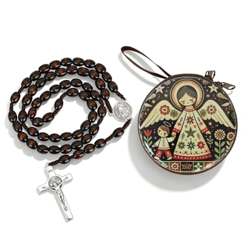 Wooden Catholic Rosary Beads, Rosarios Catolicos with Decorative Prayer Box - color: Brown (11)