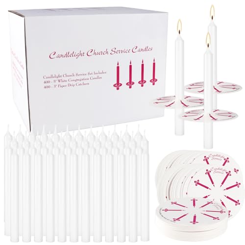 400 Pieces 5-Inch White Unscented Taper Candles with Drip Protectors for Church, Prayer, Shabbat, and Vigil Use - color: White, size: 400 pack