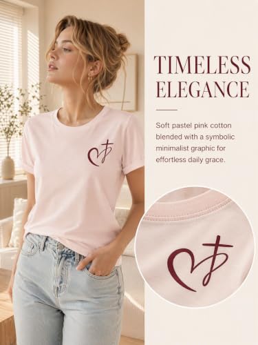 Muicy Women's Cross Heart Print Cotton Christian T-Shirts Religious Christian Tops for Summer Church 2026 - color: Light Pink, size: XX-Large