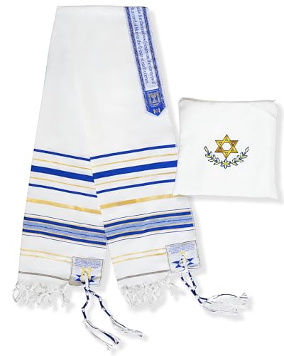 Tallit Prayer Shawl 72"x 22" with Bag & Pre-Attached Tzitzits For Men & Women, Tallit Torah-Inspired Design - color: Blue