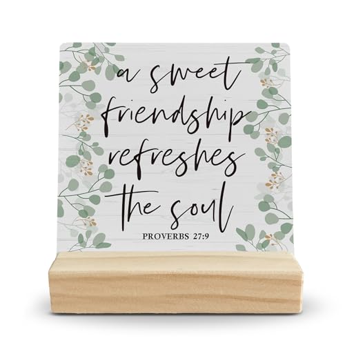 Christian Desk Decor, Bible Verse Decor Wood Desk Sign, Friendship Gifts for Women Friends, A Sweet Friendship Refreshes the Soul Wooden Plaque with Wood Stand for Home Office Table Decor - color: color-2