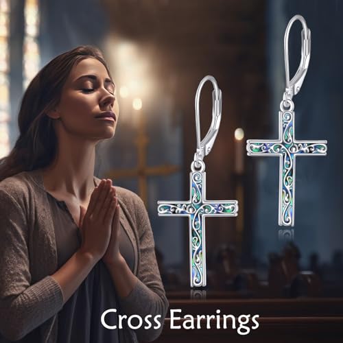 LUHE Sterling Silver Corss/Daisy/Musica Note Dangle Earrings for Women - style: Abalone Filigree Cross