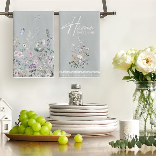 Artoid Mode Butterfly Floral Bless Home Spring Kitchen Towels Dish Towels, 18x26 Inch Farmhouse Summer Decoration Cleaning Set of 4