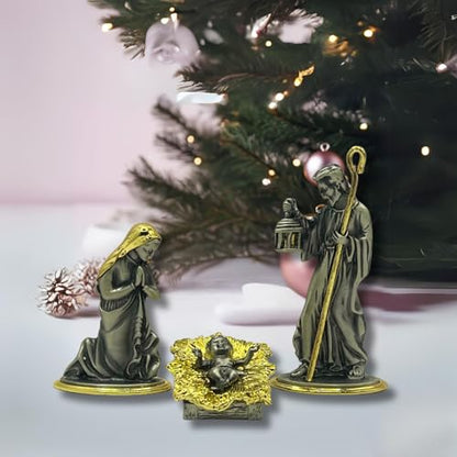 Metal Nativity 3-Piece Holy Family Gold Pewter 4.5in