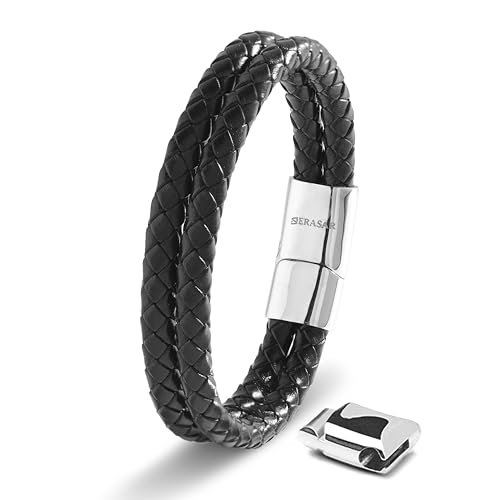 SERASAR Men's Leather Bracelet with Stainless Steel Magnetic Clasp - color: Silver, size: 17cm, style: Double
