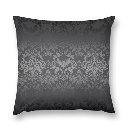 Black Damask Gothic Vintage Throw Pillow Cover Antique Floral Victorian Goth Couch Sofa Pillowcases Bat Bats Skull Bone Bohemian Pillows Cushion Case for Farmhouse Bed Chair 18x18inch - color: Damaskblack-1