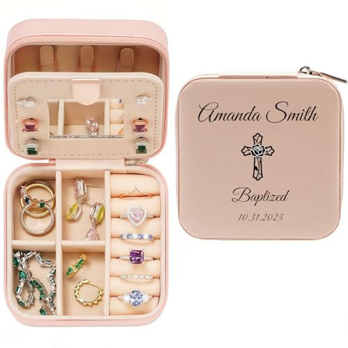 Cherished Moments Personalized Jewelry Keepsake Box with Custom Cross and Name for Teenage Girls Christening First Communion Gift - color: First Communion-Pink