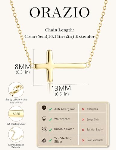 ORAZIO Cross Necklace for Women, Sterling Silver Cross Pendant - color: Gold Plated-Link-Small