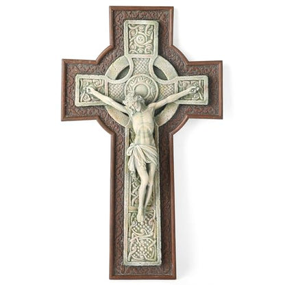 BC Catholic 12”H Crucifix Wall Cross, Celtic Cross for Indoor Garden, Catholic Gifts, Religious Home Decor,Wood Stone Carve Looking, Hand Painted by Buildclassic
