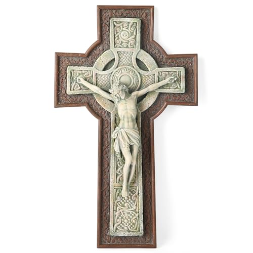 BC Catholic 12”H Crucifix Wall Cross, Celtic Cross for Indoor Garden, Catholic Gifts, Religious Home Decor,Wood Stone Carve Looking, Hand Painted by Buildclassic