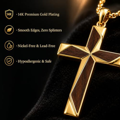 14K Gold Plated Wood Cross Necklace for Men Christian Pendant Jewelry - color: A01-Cross
