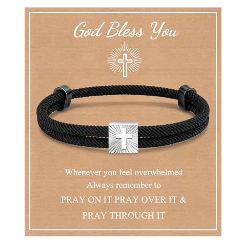 MEALGUET Christian Gifts Cross Bracelet for Boys : Adjustable Black Rope Faith Cross Bracelets for 6 8 10 12 14 16 Years Age Teenage Young Boy Son, Religious Jewelry Gift Ideas for Easter Baptism - style: Bless this little
