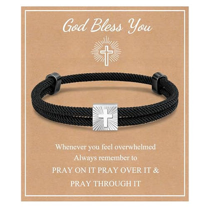 MEALGUET Christian Gifts Cross Bracelet for Boys : Adjustable Black Rope Faith Cross Bracelets for 6 8 10 12 14 16 Years Age Teenage Young Boy Son, Religious Jewelry Gift Ideas for Easter Baptism - style: Bless this little