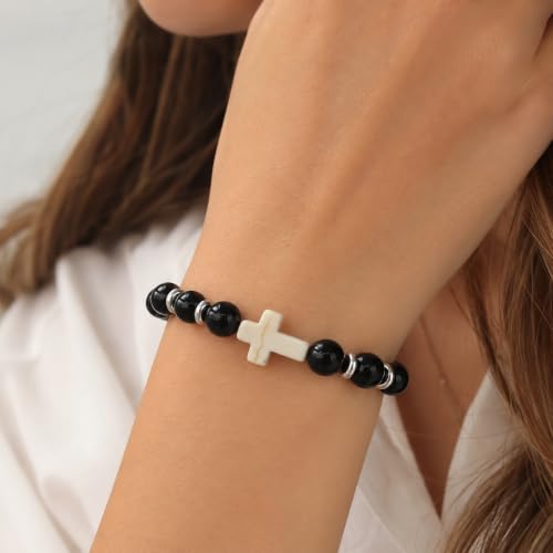 Cross Birthstone Gemstone Beaded Stretch Protection Bracelet for Man Woman, Handmade Healing Stone Chakra Beads Elastic Bracelets Accessories Fashion Jewelry Gift. - color: Black Obsidian