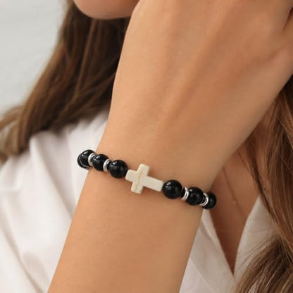 Cross Birthstone Gemstone Beaded Stretch Protection Bracelet for Man Woman, Handmade Healing Stone Chakra Beads Elastic Bracelets Accessories Fashion Jewelry Gift. - color: Black Obsidian