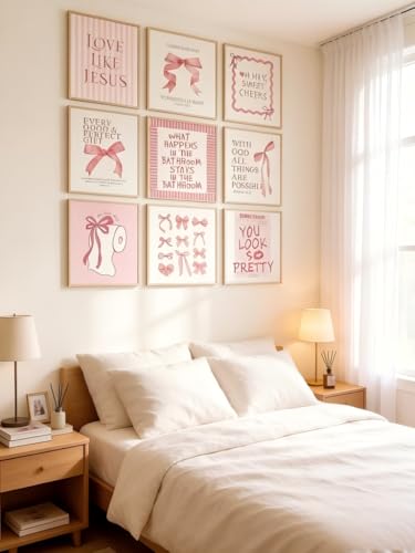 Pink Bow Bathroom Wall Art 9Pcs Bathroom Wall Decor Preppy Girly Posters - color: pink