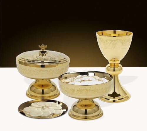 Church Gold Plated Brass Chalice & Paten, 12 Ounce, Etched Grape Vines - color: Etched Grape Vines
