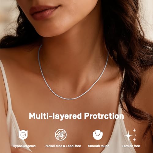 1.3MM Box Chain 925 Sterling Silver Chain Necklace for Women, 14K Gold Plated Chain for Women, Women's Chains Necklace 14 16 18 20 22 24 26 Inch - color: Silver, size: 24 Inch