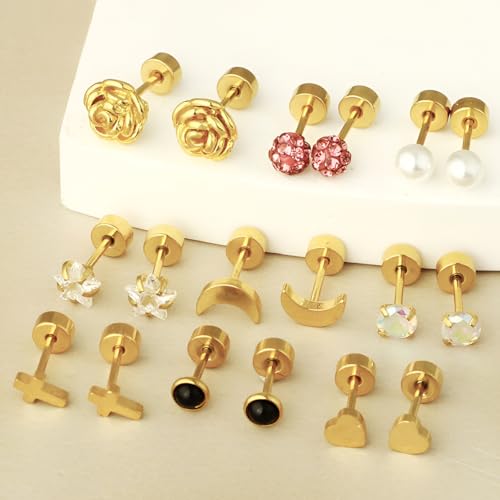 Stainless Steel Stud Earring 1 Pair Gold Small Flatback Earrings Helix Hypoallergenic Flat Back Jewellery Dainty Screwback Tiny Jewelry for Sensitive Ears Women Ladies Aretes De Mujer - style: Pentagram