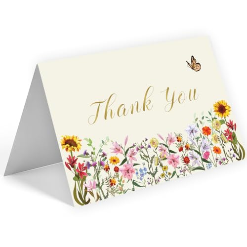 WowBefun 25 Pack 350GSM | Floral Thank You Cards | Thank You Cards with Envelopes | Small Thank You Notes & Cards for Wildflower, Watercolor & Wedding - color: B Style 25pc