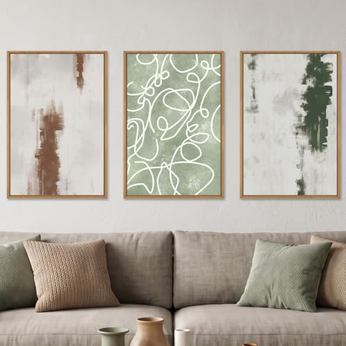 Aryroi Abstract Green Brown Geometric Framed Canvas Wall Art Set, Minimalist Neutral Brush Stroke Wall Decor, Modern Watercolor White Curved Lines Artwork for Living Room, Bedroom, Office- 16"x24"x3 - color: Green and Brown Line Wall Art, size: 16"L x 24"