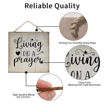 Living on A Prayer Wooden Plaque Chic Bible Verse Hanging Wooden Sign Customized Wooden Sign Girls Boys Bedroom Sign for Farmhouse Home 12x12 Inch Christian Religious Gifts - color: Log color-style-3