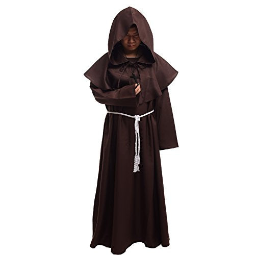 BLESSUME Friar Hooded Robe Monk Renaissance Priest Halloween Medieval Role Play Costume - color: Brown Cowl Hat+robe+ Waist Rope+necklace, size: Large