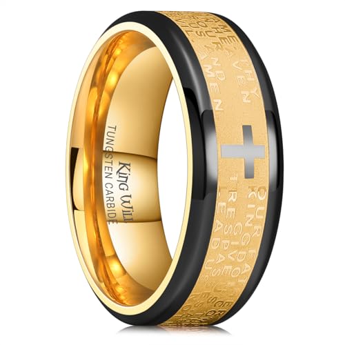 King Will Stainless Steel Men Ring Lord's Prayer Cross Ring Stainless Steel Men Wedding Ring, Wedding Band Bible Engraved Rings High Polished, Comfort Fit - color: Gold-Plated &Black