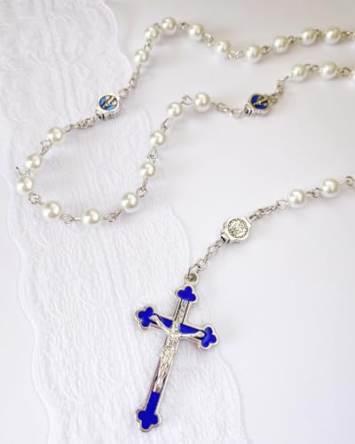 Catholic Rosary Necklace, Solid Glass Beads, Prayer Guide Included, Faith Gift for Women - color: White