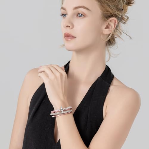 Christian Cross Leather Bracelets Boho Western Blessing Religious Jewelry - color: Pink