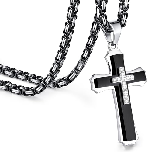 FLHEART Byzantine Cross Necklace for Men, Black Silver Stainless Steel Cross Chain Pendant Necklace Masculine Chunky Sturdy Mens Christian Jewelry Gift 22/24 Inch - color: Black-Cubic Zircon, size: 24In