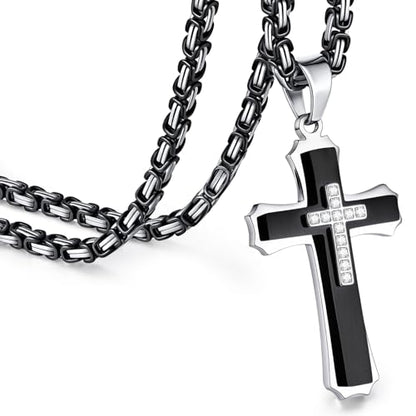 FLHEART Byzantine Cross Necklace for Men, Black Silver Stainless Steel Cross Chain Pendant Necklace Masculine Chunky Sturdy Mens Christian Jewelry Gift 22/24 Inch - color: Black-Cubic Zircon, size: 24In