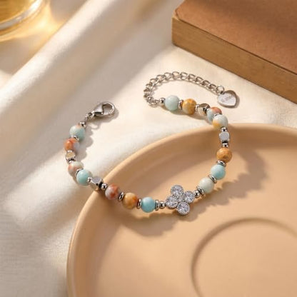 Bracelet for Women Natural Stone Beaded, Stainless Steel Charms, Adjustable - color: 12-Clover