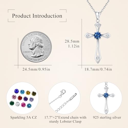 Cross Necklace for Women,925 Sterling Silver Faith Jewerly Gift - color: 09-September-Sapphire