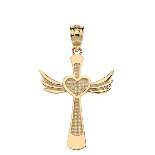 Winged Heart Cross Pendant Necklace Fine Real Solid 14Kt Gold - style: 14K Yellow Gold