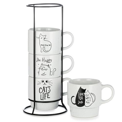 Signature Housewares Stackable Coffee Mug Tower Set with Metal Wire Rack - 15 Ounce Coffee Mugs for Coffee, Tea, Cocoa, Milk, Cappuccino, Hot Chocolate Set of 4 - Cat's Life - color: Cat's Life, size: 15oz