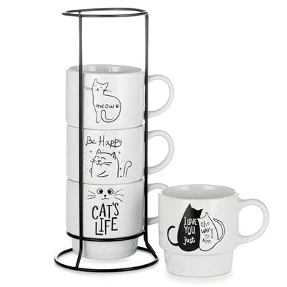 Signature Housewares Stackable Coffee Mug Tower Set with Metal Wire Rack - 15 Ounce Coffee Mugs for Coffee, Tea, Cocoa, Milk, Cappuccino, Hot Chocolate Set of 4 - Cat's Life - color: Cat's Life, size: 15oz