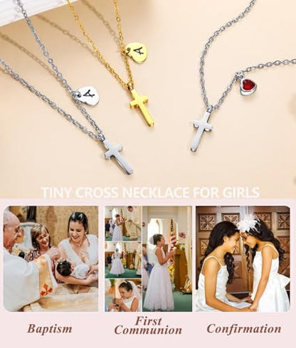 Tiny Cross Necklace for Kids Girls, Initial A-Z , Birthstone Cross Gifts - color: Silver, style: E