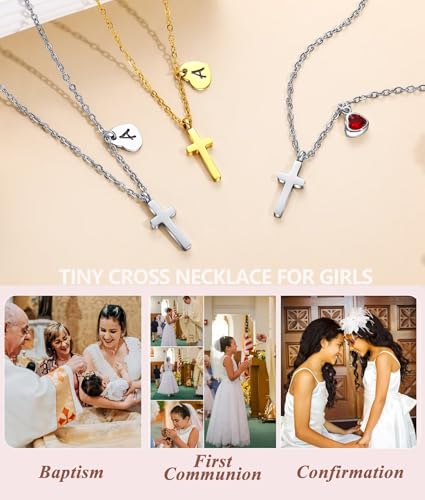Tiny Cross Necklace for Kids Girls, Initial A-Z , Birthstone Cross Gifts - color: Silver, style: G
